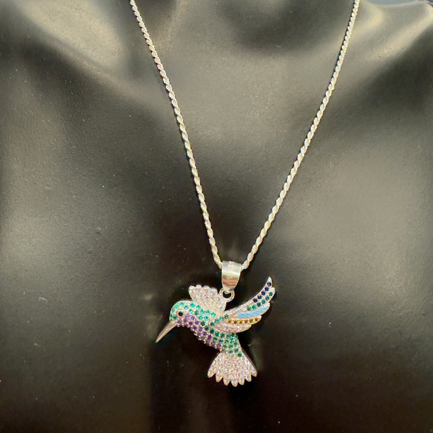 Cadena Torsal con dije de colibrí cubierta en circonios plata .925