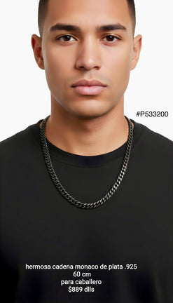 Black Monaco Chain Silver .925 Collar Monaco Negro Plata .925