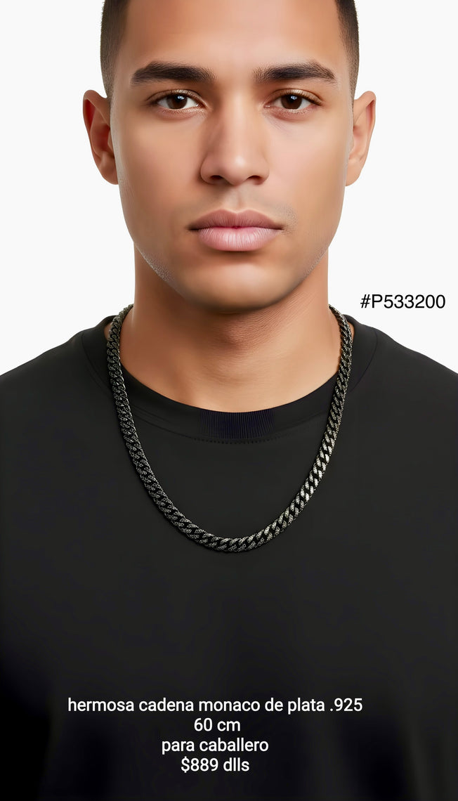 Black Monaco Chain Silver .925 Collar Monaco Negro Plata .925