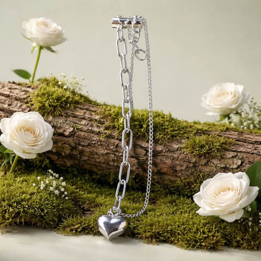 Silver Heart Pendant Mixed Chain Necklace made of Silver .925 Rhodium Plated