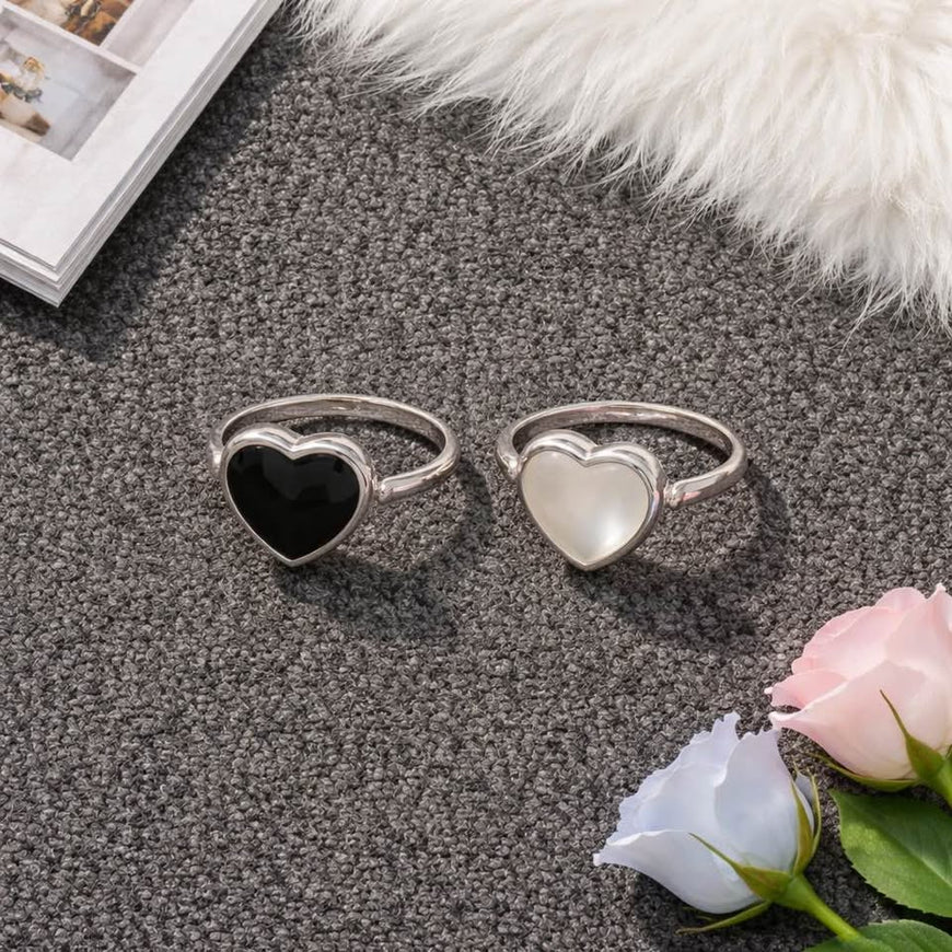 Silver Heart Rings - doible side one onyx and white Pearl
