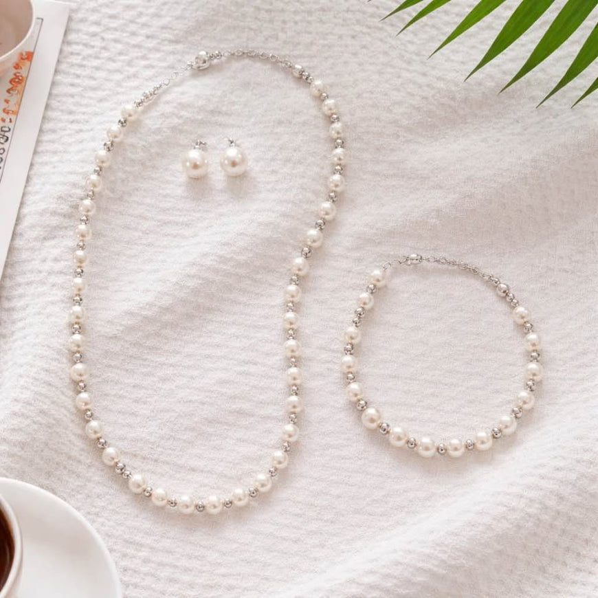 New .925 Silver Pearl Necklace Bracelet Earring Set
