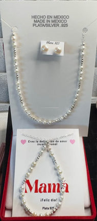 New .925 Silver Pearl Necklace Bracelet Earring Set