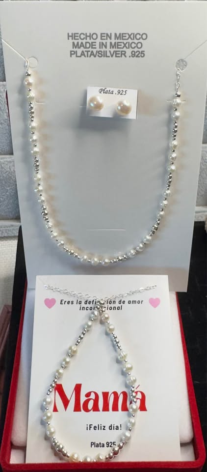 New .925 Silver Pearl Necklace Bracelet Earring Set
