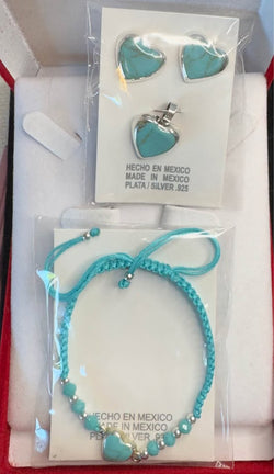 Turquoise Heart .925 Silver Jewelry Set - Earrings Pendant Bracelet