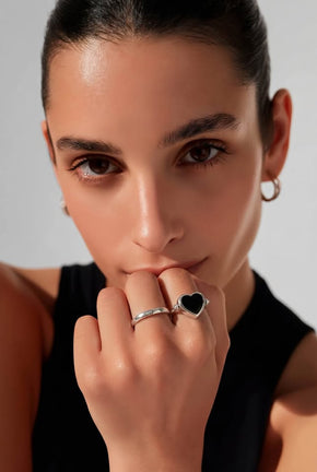 Silver Heart Rings - doible side one onyx and white Pearl