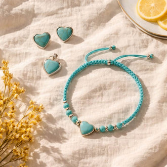 Turquoise Heart .925 Silver Jewelry Set - Earrings Pendant Bracelet