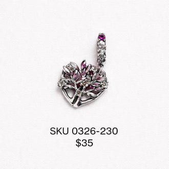 Sparkling Silver Tone Heart Tree Charm Pink Stones. Silver .925