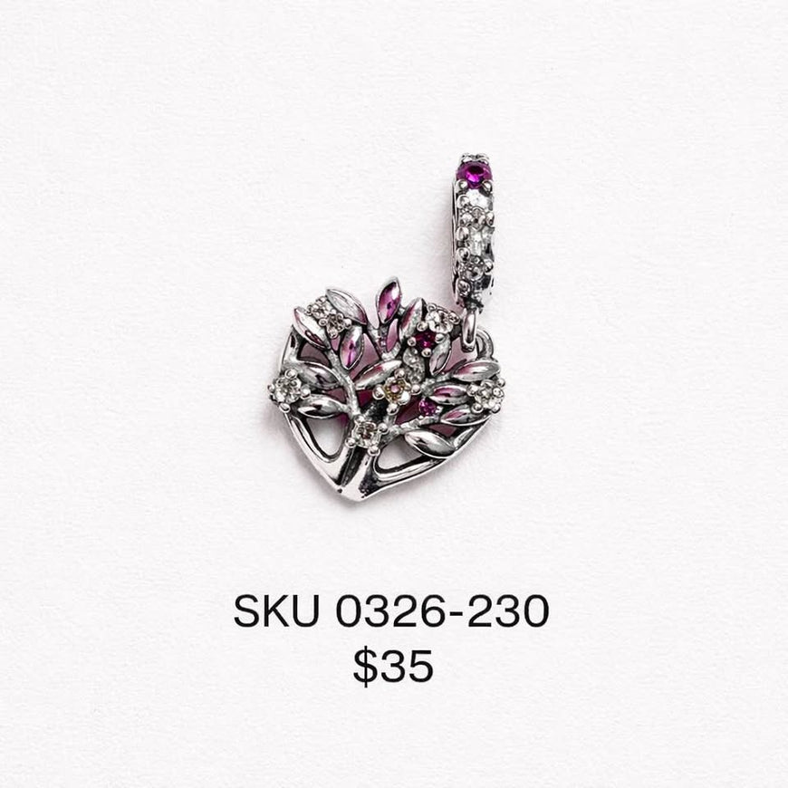 Sparkling Silver Tone Heart Tree Charm Pink Stones. Silver .925