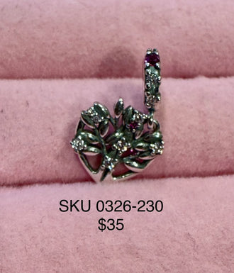 Sparkling Silver Tone Heart Tree Charm Pink Stones. Silver .925
