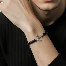Black beaded bracelet with anchor charm Silver .925