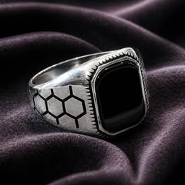 Men's Silver Ring Black Hexagon Pattern