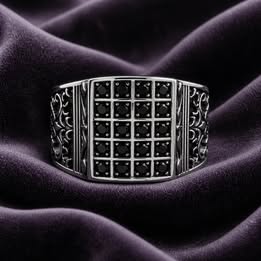 Sterling Silver Men's Ring Black Stones Ornate Design