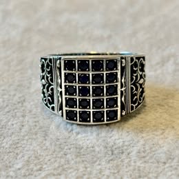 Sterling Silver Men's Ring Black Stones Ornate Design