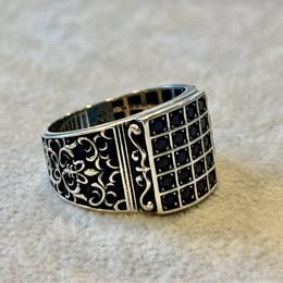 Sterling Silver Men's Ring Black Stones Ornate Design