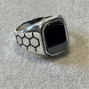 Men's Silver Ring Black Hexagon Pattern