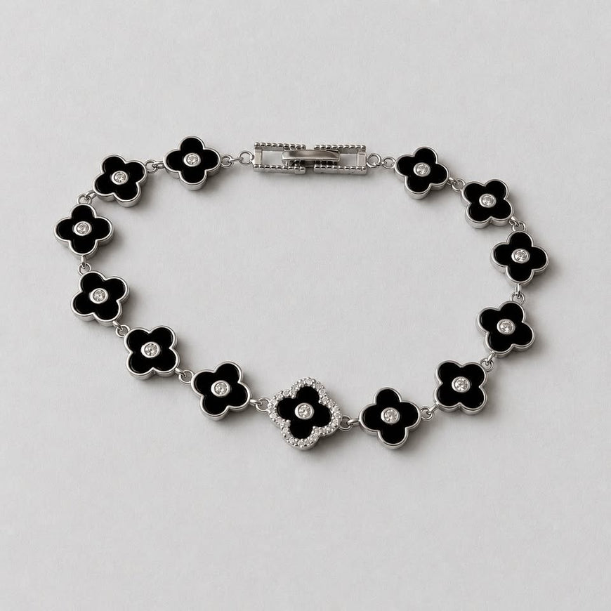 PULSERA NEGRA CON BANO DE RODIO, PLATA
