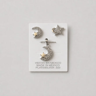 SET DE ARETES Y DIJE CON LUNA Y MICROCIRCONIAS, BAÑO DE RODIO, PLATA .925