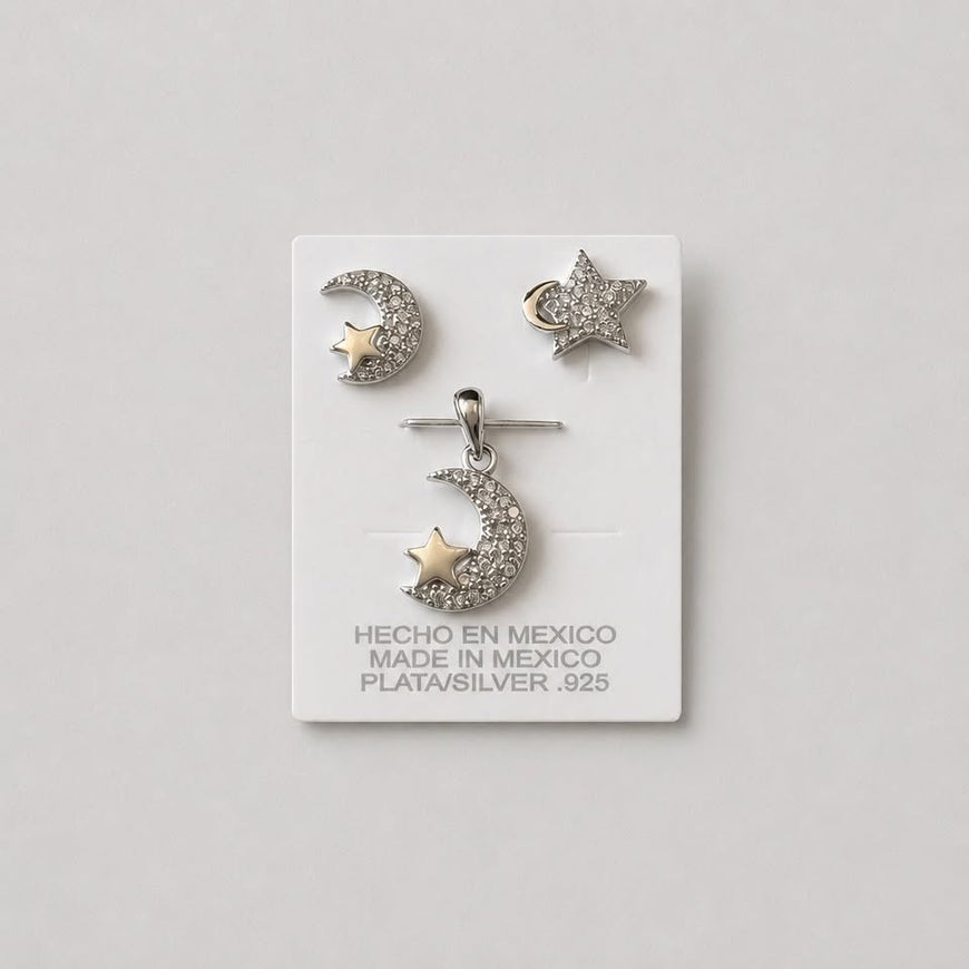 SET DE ARETES Y DIJE CON LUNA Y MICROCIRCONIAS, BAÑO DE RODIO, PLATA .925