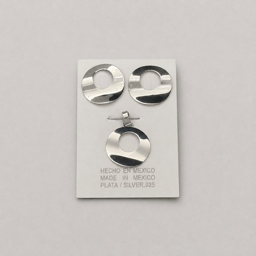 SET DE ARETES Y DIJE REDONDOS ONDULADOS, PLATA .925