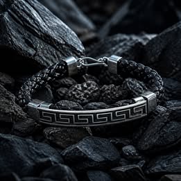 Pulsera en piel negra con grecas Plata .925
