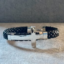 PULSERA VINIPIEL TRENZADA CON PLACA + LISA, PLATA .925