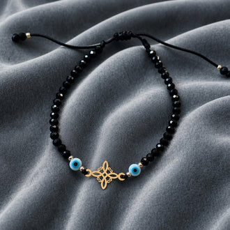 Pulsera con cristal negro y nudo de bruja Plata