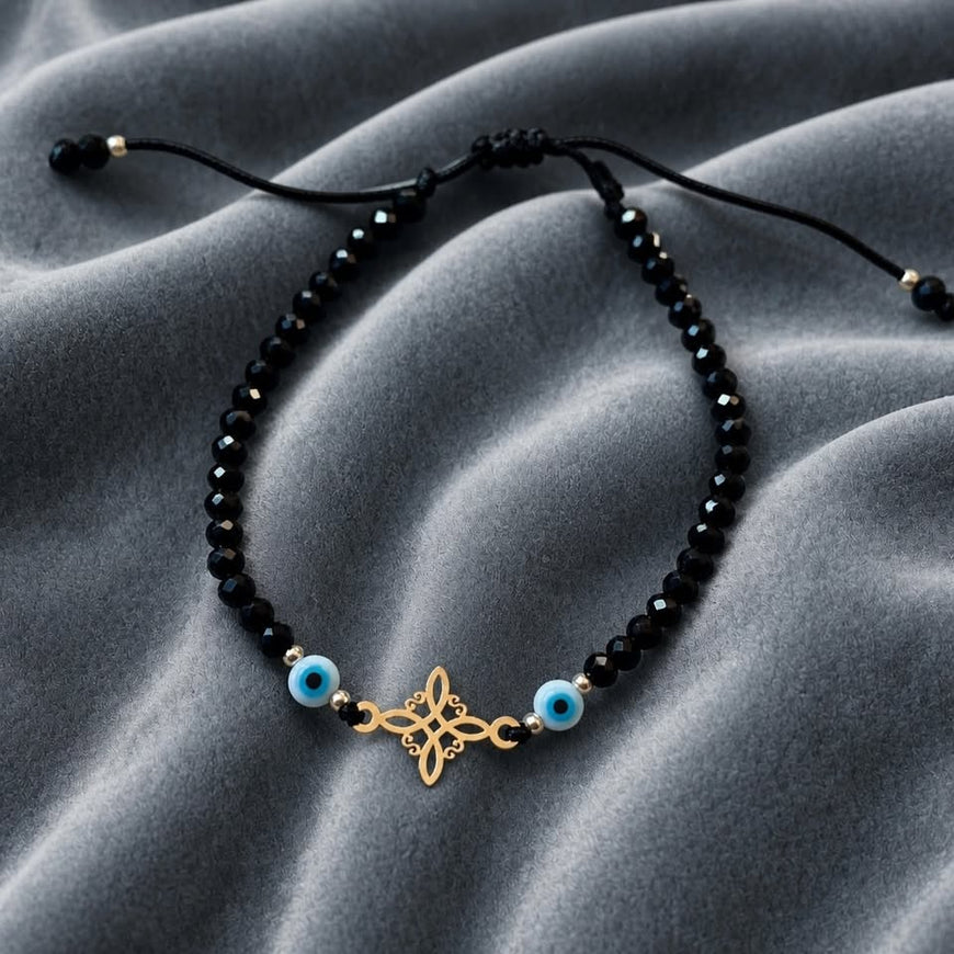 Pulsera con cristal negro y nudo de bruja Plata