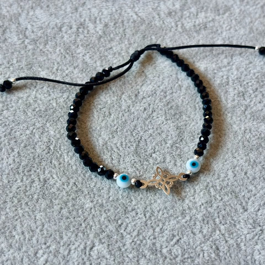 Pulsera con cristal negro y nudo de bruja Plata