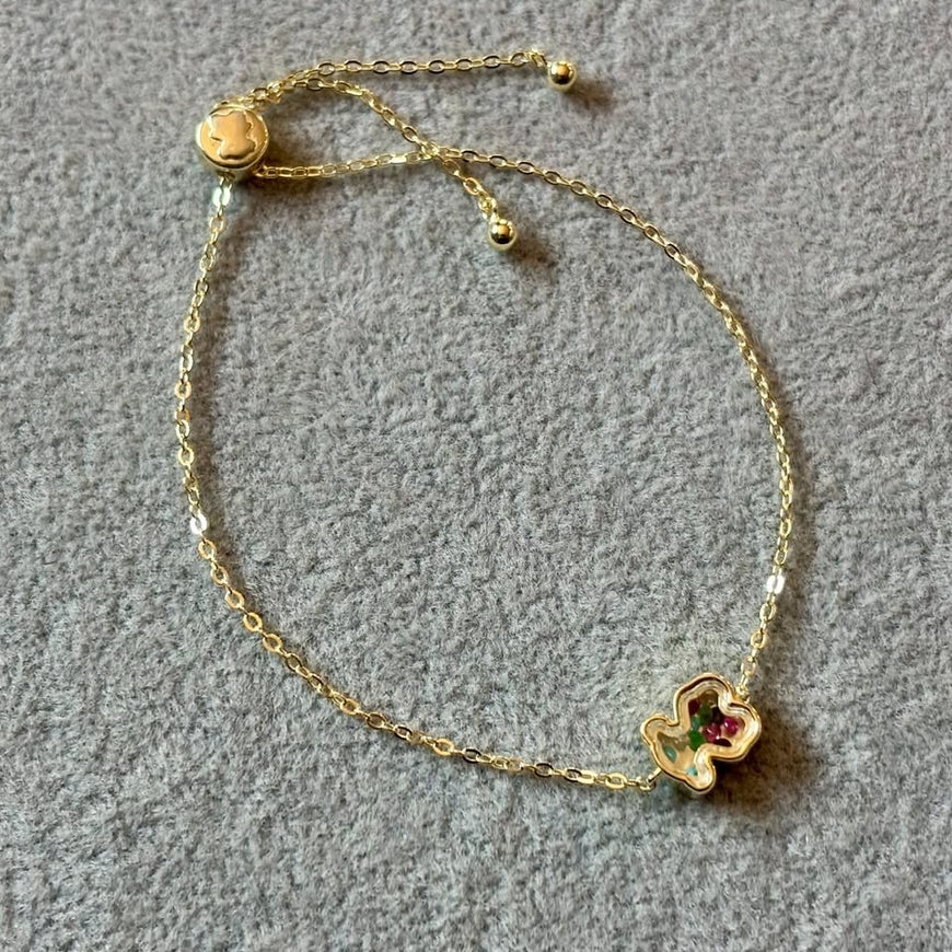 Pulsera ajustable con oso y bolita multicolor con bano de oro, Plata .925.
