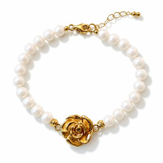Pulsera de Perlas con dije de rosa y bano de oro 20cm, Plata .925