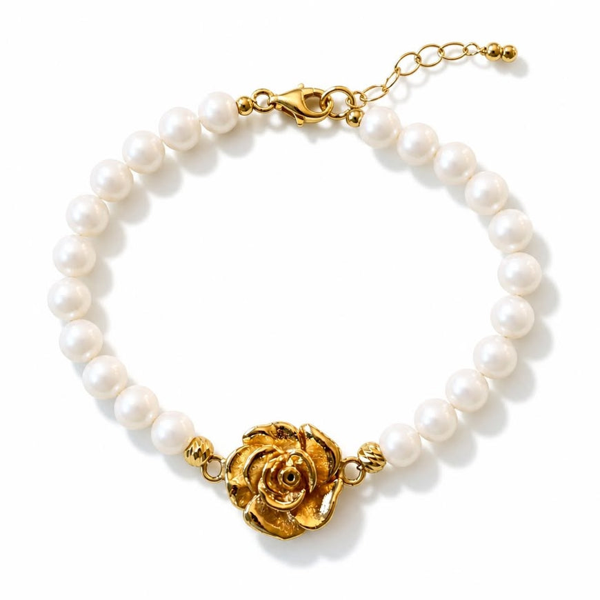 Pulsera de Perlas con dije de rosa y bano de oro 20cm, Plata .925
