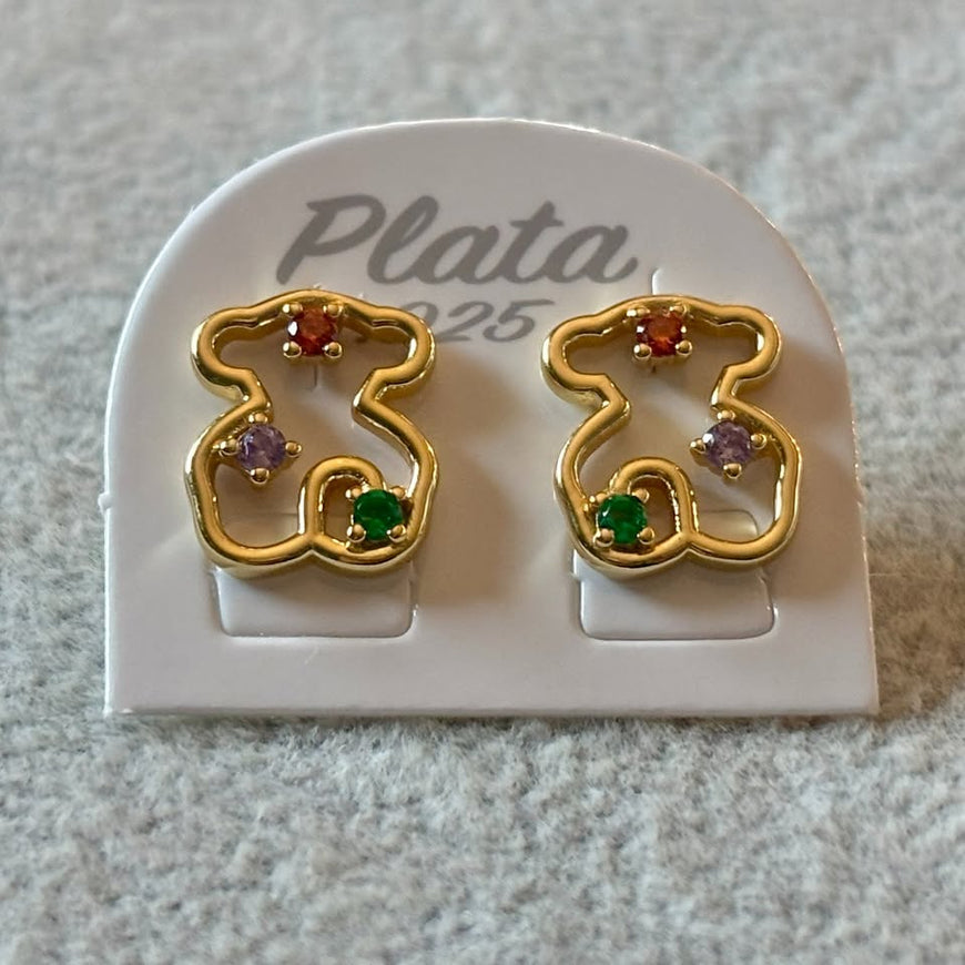 Aretes de oso y bolitas multicolor con bano de oro, plata .925