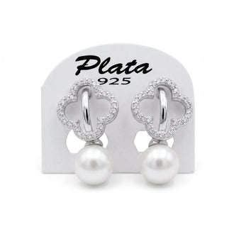 Aretes vc, con perla y bano de rodio, plata .925.