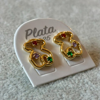 Aretes de oso y bolitas multicolor con bano de oro, plata .925