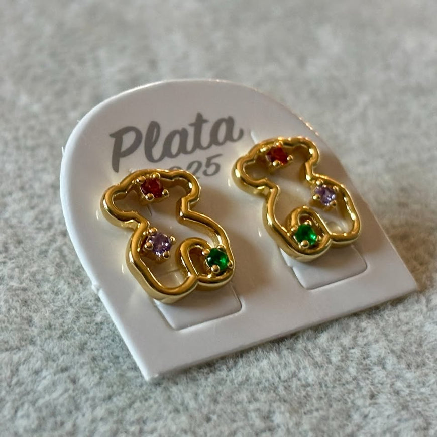 Aretes de oso y bolitas multicolor con bano de oro, plata .925