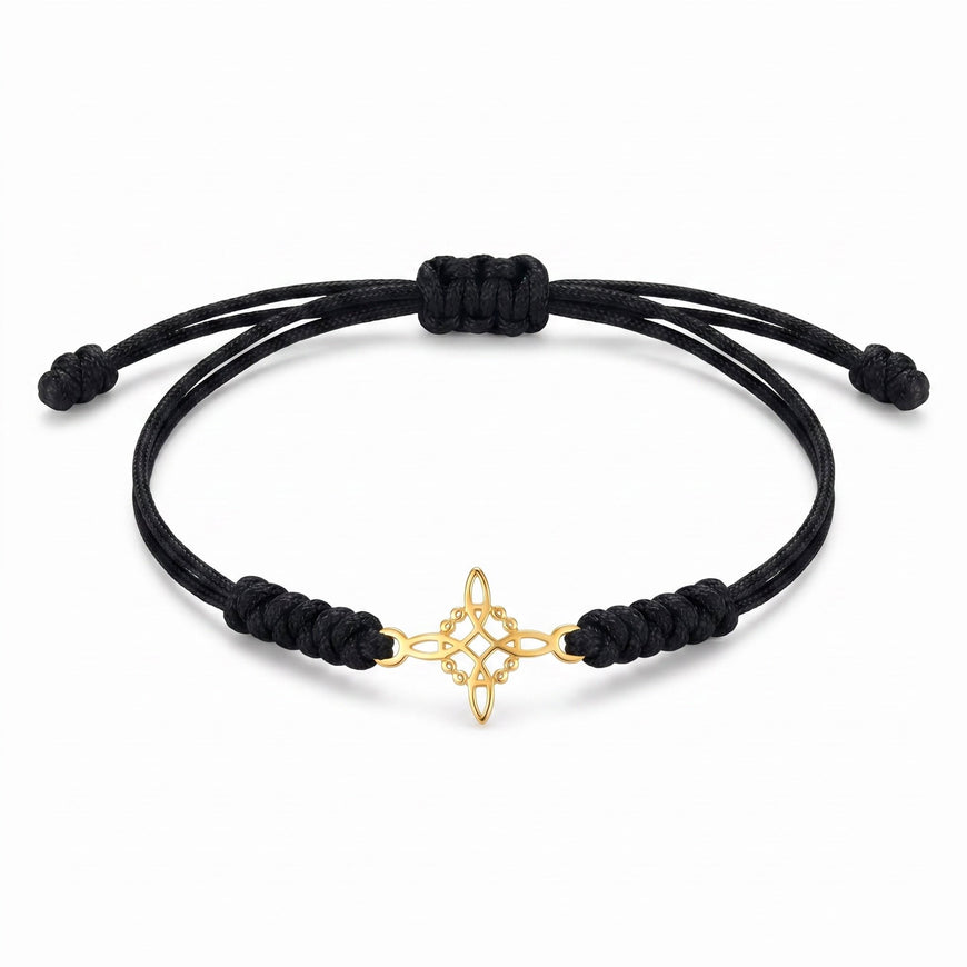 Pulsera Ajustable de hilo con nudo de bruja dije oro 10K 2 color negra y 2 color roja