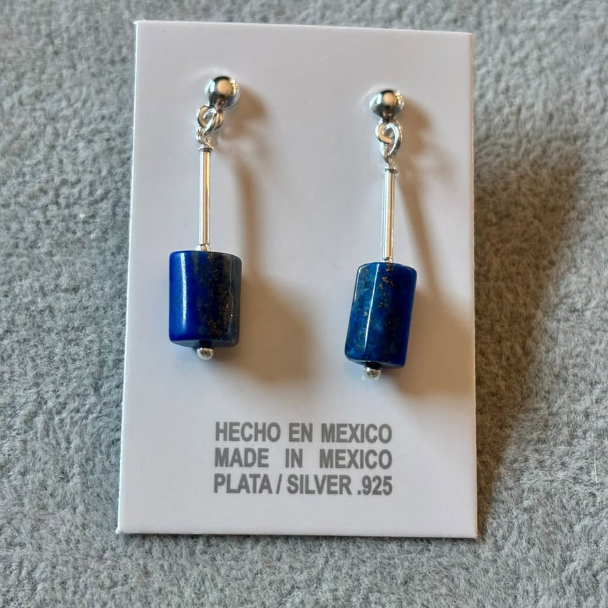 Arretes con tubito liso y piedra natural, Plata .925, color verde o azul