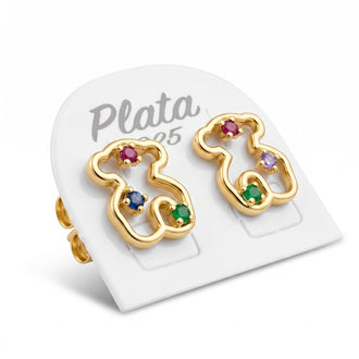 Aretes de oso y bolitas multicolor con bano de oro, plata .925