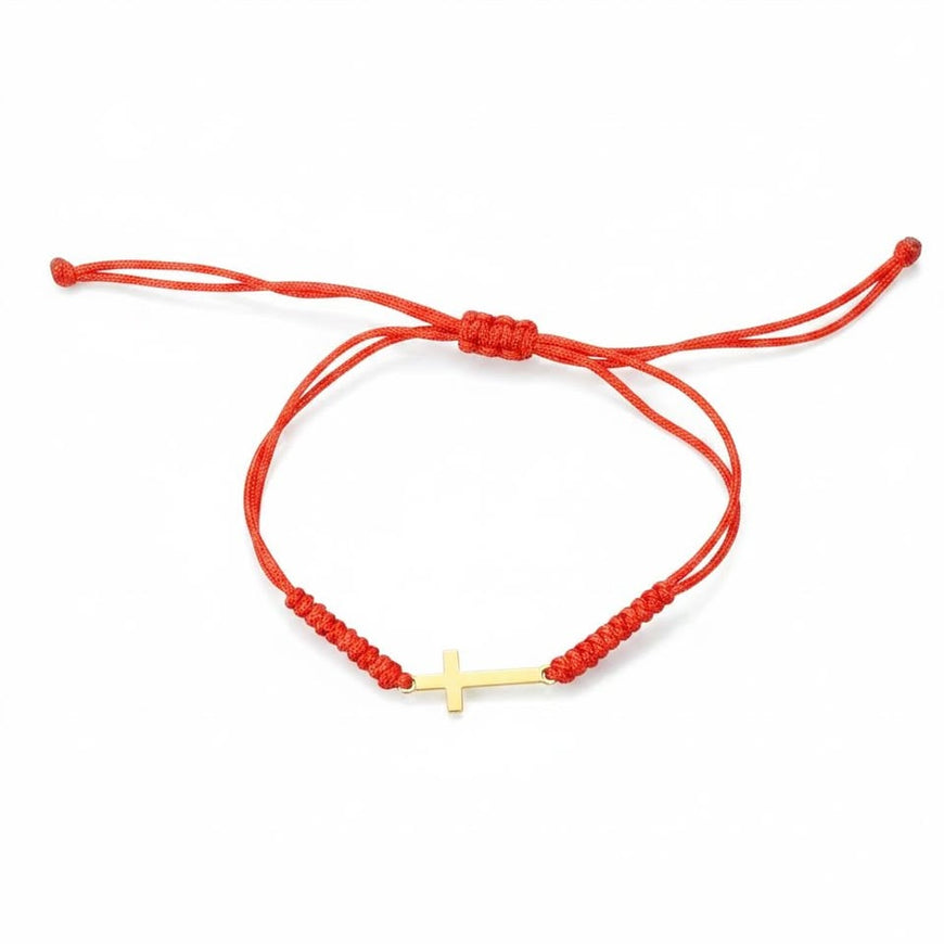 Pulsera Hilo Ajustable con dije de cruz, Color Negro o Rojo, Oro 10k