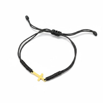 Pulsera Hilo Ajustable con dije de cruz, Color Negro o Rojo, Oro 10k
