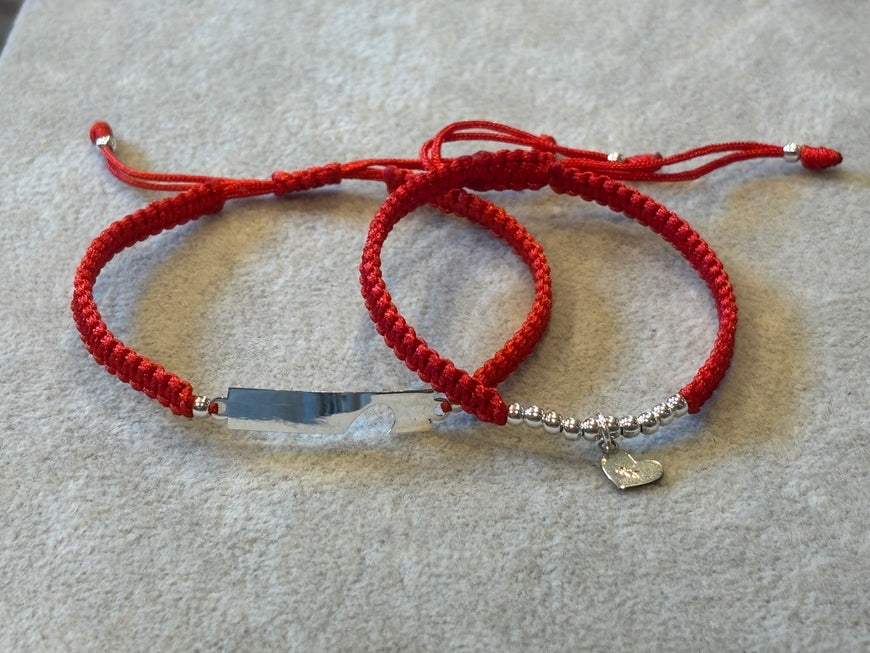 PULSERA PARA PAREJA DE HILO AJUSTABLE, ELIGEN COLOR ROJO O NEGRO, PLATA .925