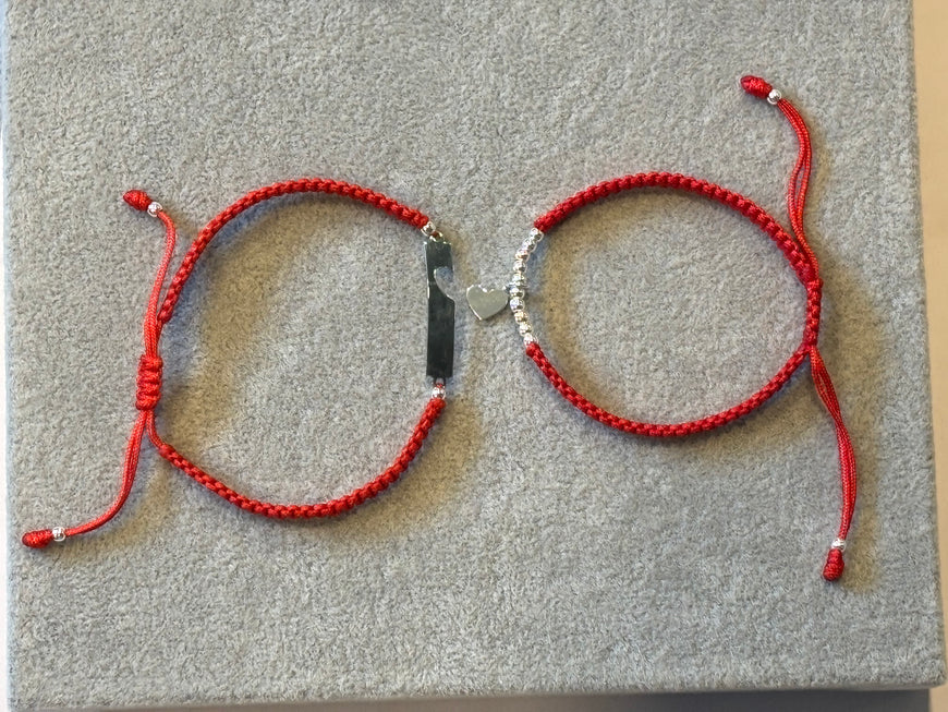 PULSERA PARA PAREJA DE HILO AJUSTABLE, ELIGEN COLOR ROJO O NEGRO, PLATA .925