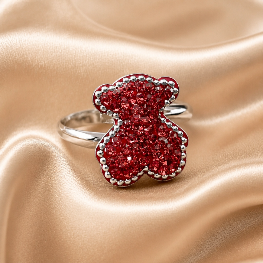 ANILLO DE OSO CON CRISTALES AJUSTABLE, ELIGEN COLOR BLANCO, ROSA, MORADO, PLATA .925