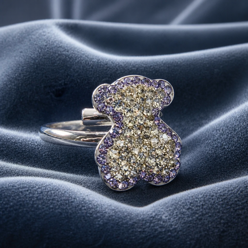 ANILLO DE OSO CON CRISTALES AJUSTABLE, ELIGEN COLOR BLANCO, ROSA, MORADO, PLATA .925