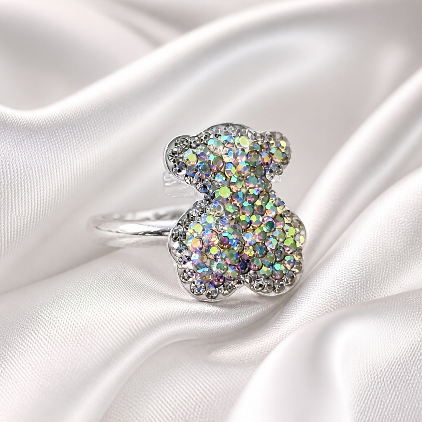 ANILLO DE OSO CON CRISTALES AJUSTABLE, ELIGEN COLOR BLANCO, ROSA, MORADO, PLATA .925