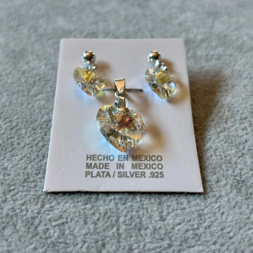 Set Dije y Aretes Plata y cristal negro o blanco