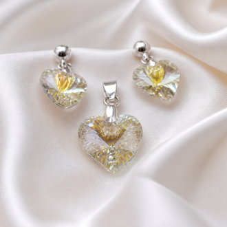Set Dije y Aretes Plata y cristal negro o blanco