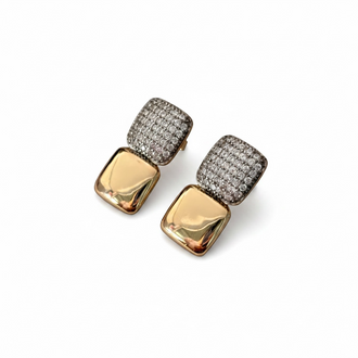ARETE DOBLE CUADRO LISO Y CIRCONIA, COLOR PLATA O DORADO, PLATA .925