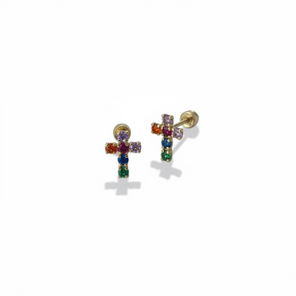 BROQUEL DE CRUZ CON CIRCONIA MULTICOLOR, ORO 10K